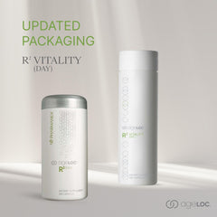 ageLOC Nu Skin R² Day bottle label highlighting cellular vitality science.