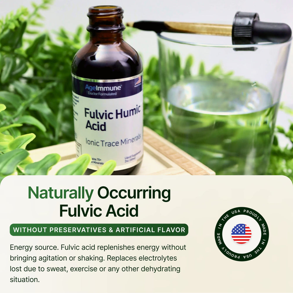 AgeImmune Fulvic Humic bottle with glass for on-the-go hydration.