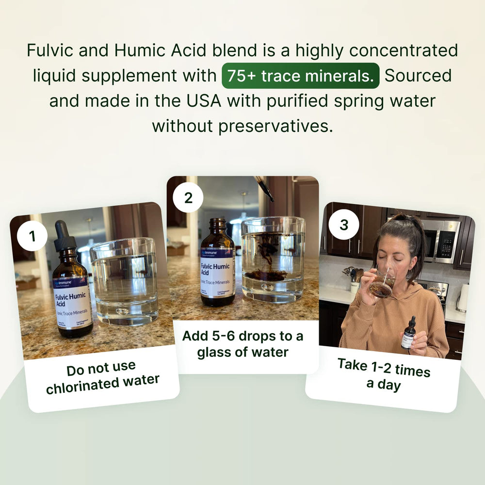 AgeImmune Fulvic Humic packaging label shows 75+ minerals for mineral balance.