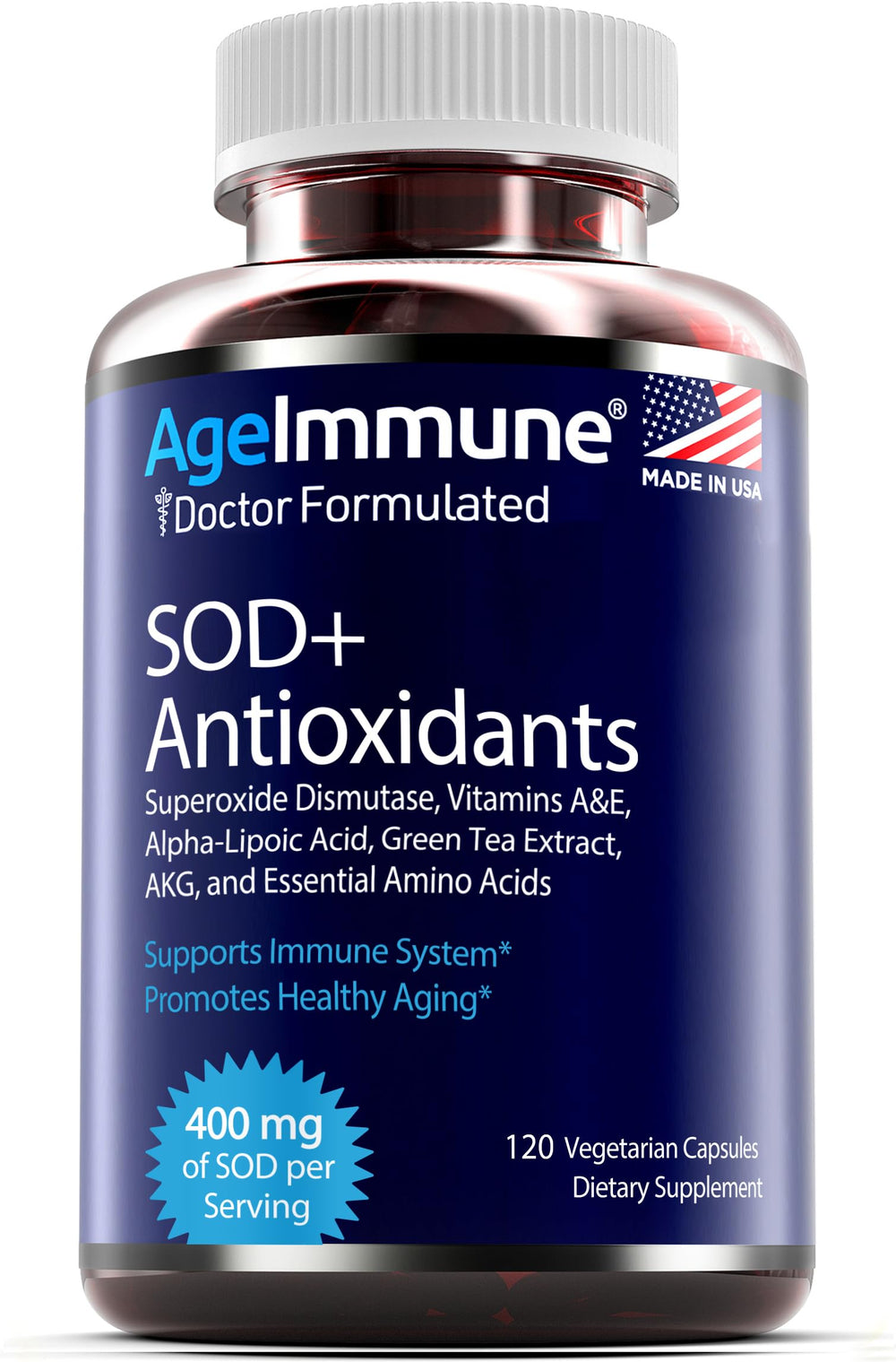 AgeImmune SOD box and bottle shown in a clean, health-focused setting.