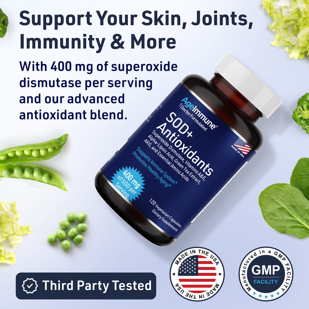 AgeImmune SOD bottle label with green tea extract and vitamins for immune support.