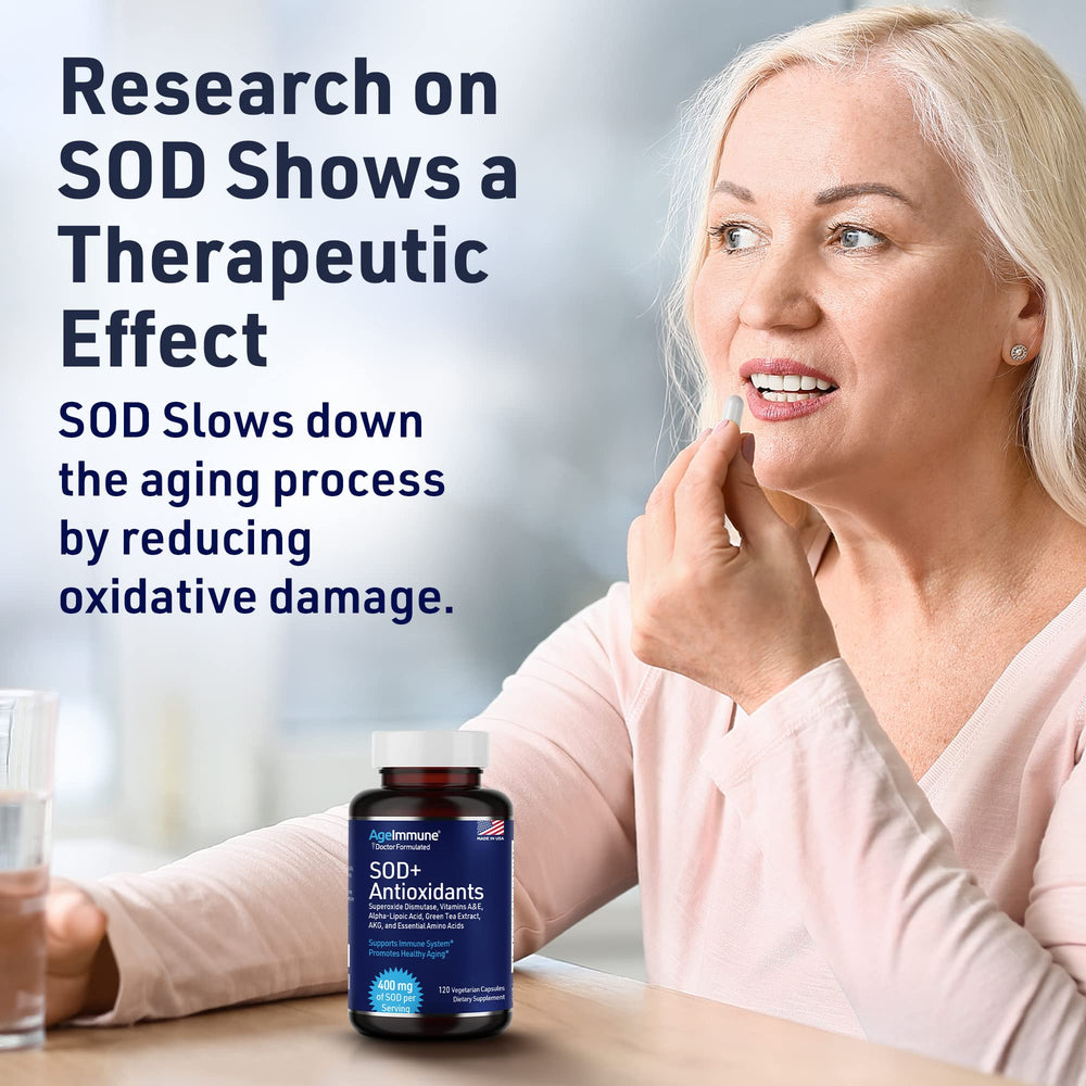 AgeImmune SOD ingredient plate showcasing ALA, Lysine, AKG for antioxidative protection.