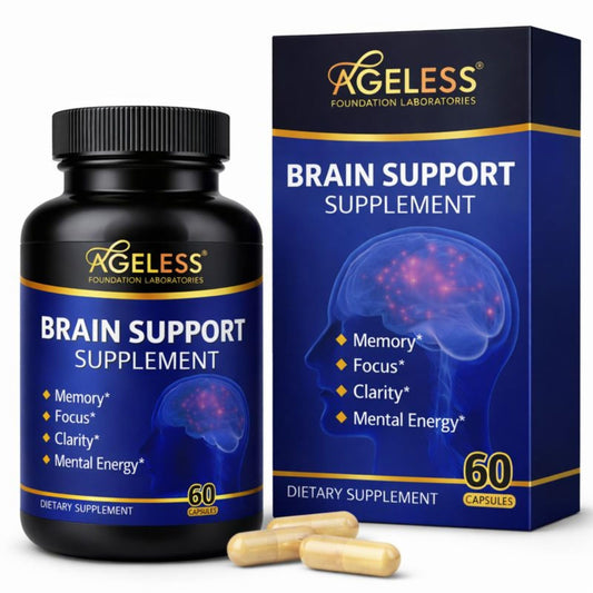 Ageless Brain bottle with capsules promotes daily focus for professionals.