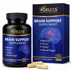 Ageless Brain bottle with capsules promotes daily focus for professionals.