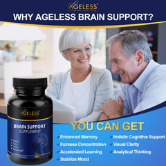 Ageless Brain packaging displayed on a shelf hints at long-term brain health.