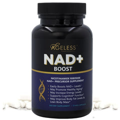 Ageless Foundation Laboratories NAD+ bottle shows energy support for daily activities.