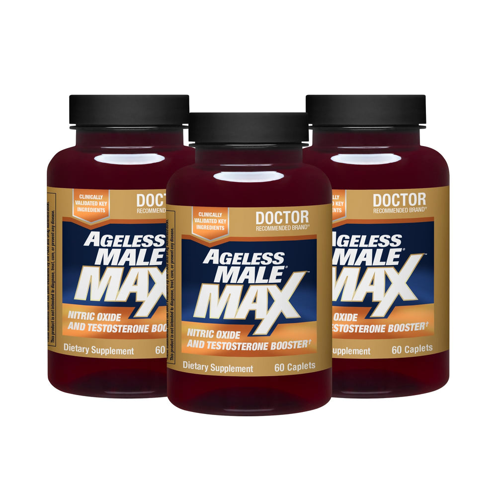 Ageless Male Max bottle front view highlighting total testosterone support.