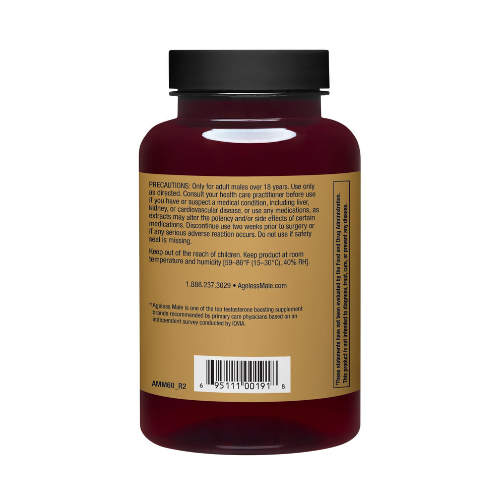 Ageless Male Max packaging on shelf illustrates comprehensive daily supplement for men.