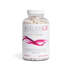 AgelessLX bottle pouring capsules for daily skin and hair support.