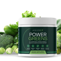 AgelessLX Power Greens powder with scoop ready to mix for quick energy support
