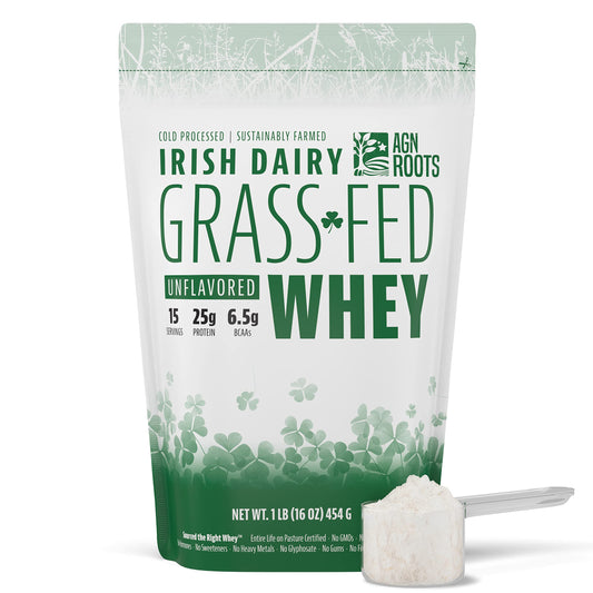 AGN Roots Grass Fed Whey Powder pouch with label, ready for post-workout shakes
