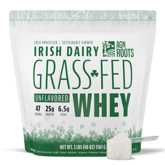 AGN Roots Grass-Fed Whey packaging highlights premium quality and trusted certifications.