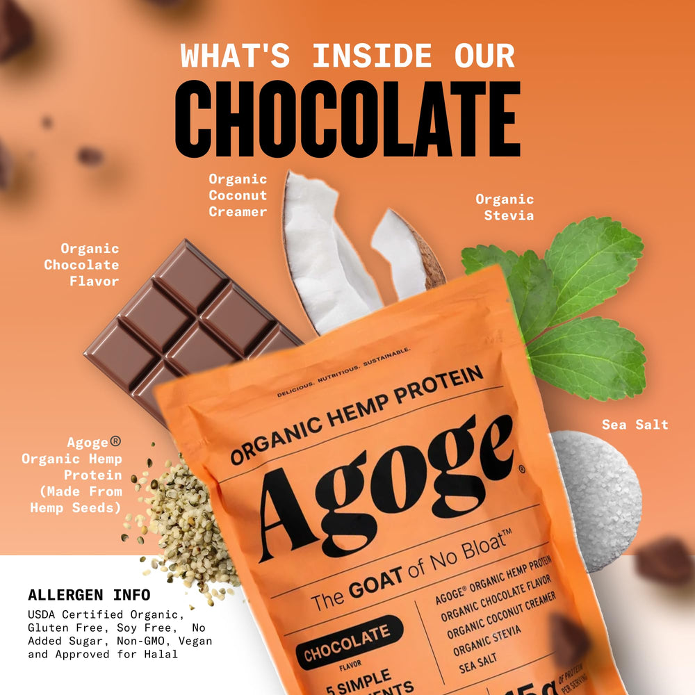 Agoge chocolate-flavor raw organic hemp protein powder for delicious shakes.