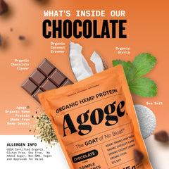 Agoge chocolate-flavor raw organic hemp protein powder for delicious shakes.