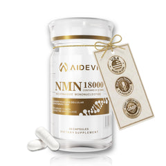 AIDEVI NMN 18000 bottle front promotes NAD+ pathway support for daily vitality.