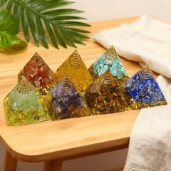 AierCrystal amethyst quartz pyramid 7pcs set displayed together.
