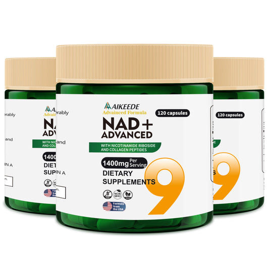 AIKEEDE NAD bottle close-up showing capsules for daily energy support