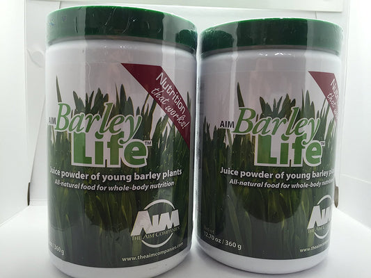 AIM BarleyLife powder label close-up on the family-size canister for daily greens boost.