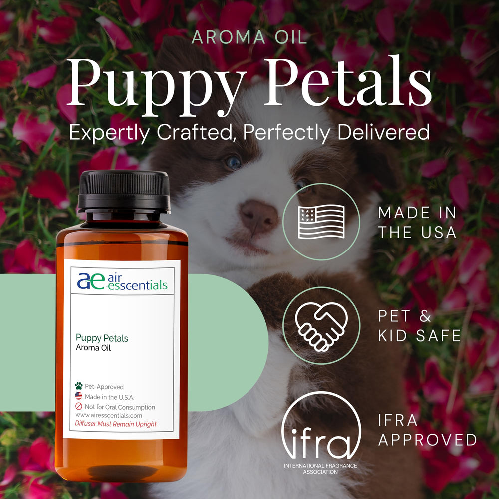 Air Esscentials Puppy Petals bottle cap close-up showcases premium essential oil blend.