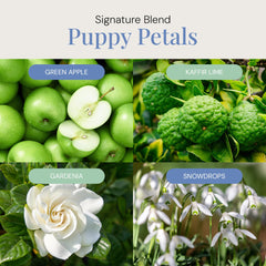 Air Esscentials Puppy Petals label detail highlights US-made, IFRA-compliant fragrance notes.