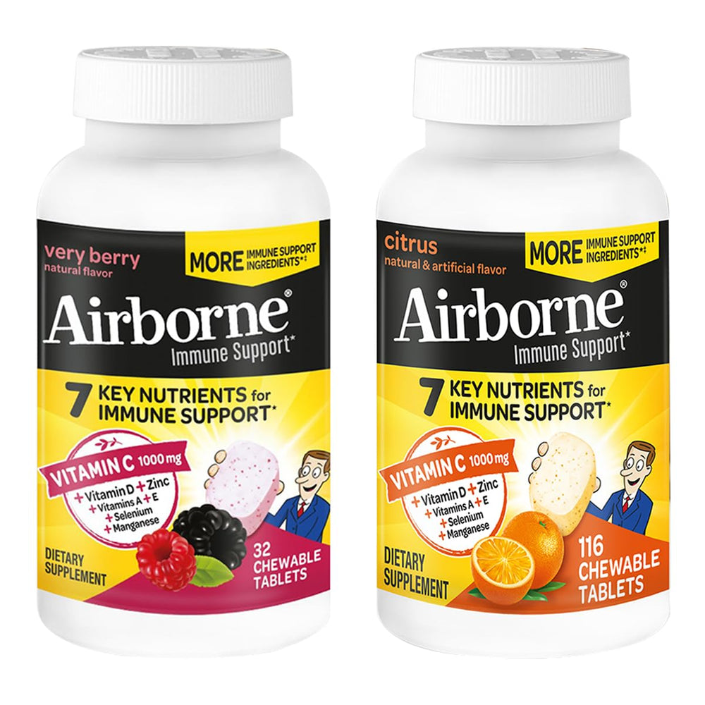 Airborne 1000mg Vitamin C + Zinc chewables bottle front aiding daily immune support