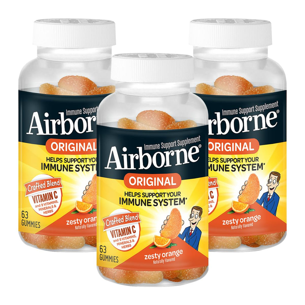 Airborne 750mg Vitamin C gummies bottle showing zesty orange flavor for daily immune support.