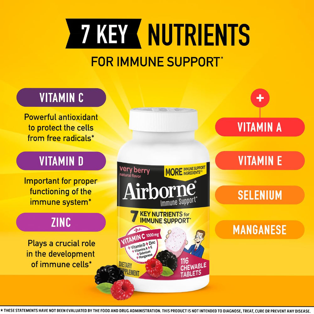 Airborne berry-flavored chewables closeup; refreshing taste fits daily routine.