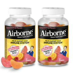 Airborne bottle front shows 750 mg Vitamin C gummies for daily immune support.