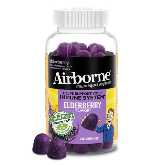 Airborne Elderberry Gummies bottle front, convenient daily immune support.