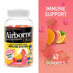Airborne gummies close-up with assorted fruit flavors for kid-friendly daily use.