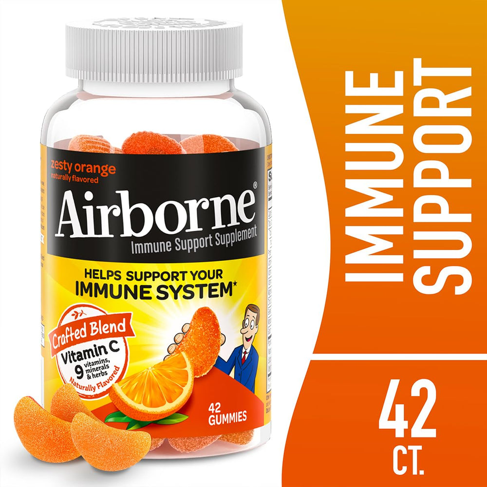 Airborne zesty orange flavor gummies visual conveys refreshing taste and ease