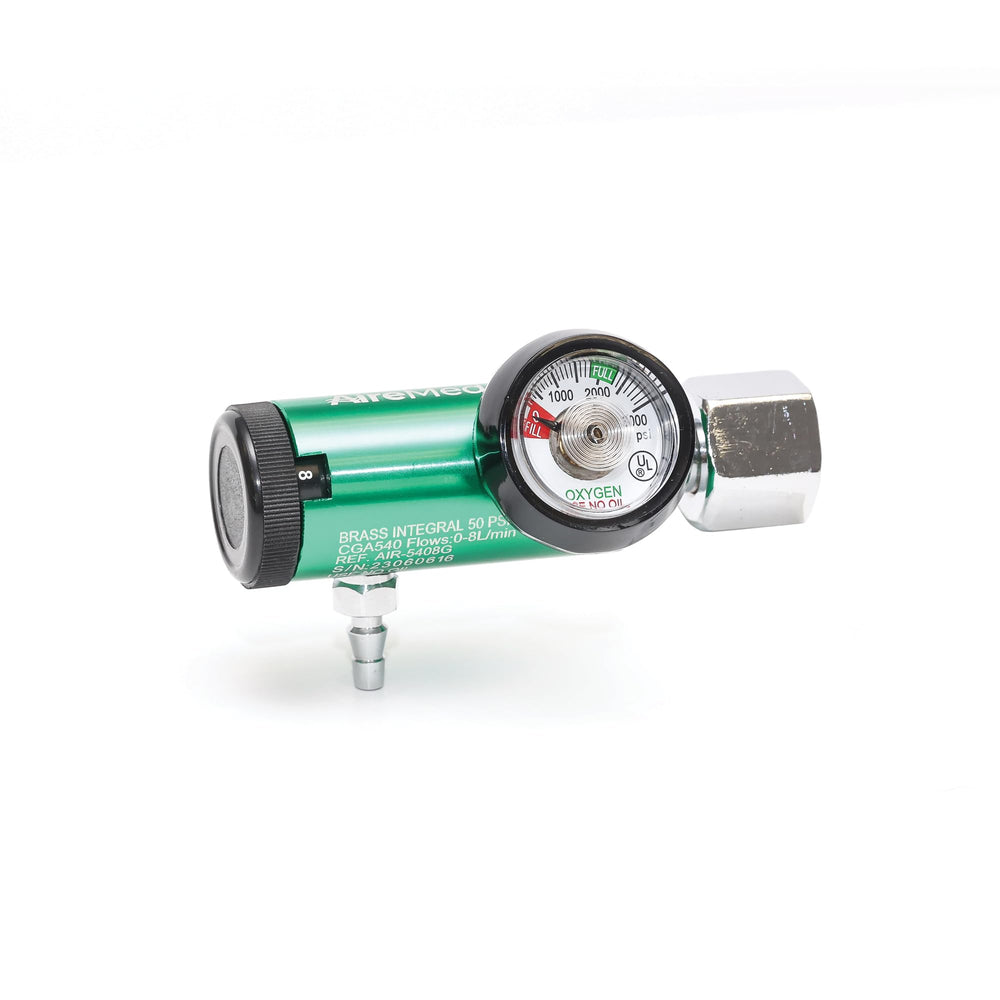 AireMed regulator shows 0–8 LPM with clear gauge for precise monitoring.