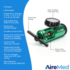 AireMed Oxygen Regulator ergonomic green handle enables comfortable operation