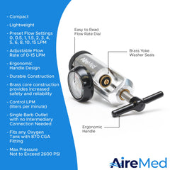AireMed oxygen regulator flow dial illustrating adjustable LPM settings