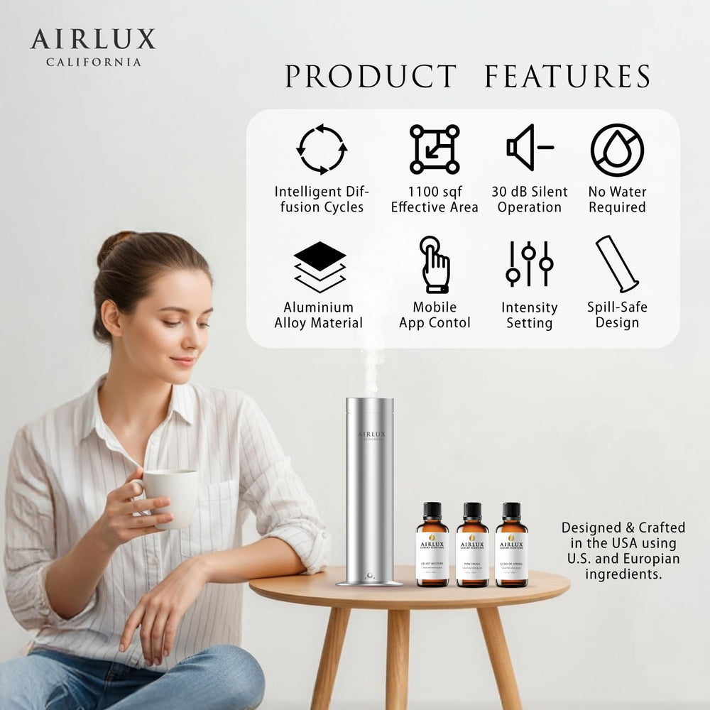 Airlux Lunar uses Elixair 3x technology for stable aroma release without heat.