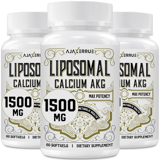 AJAXERRUE Liposomal Calcium AKG bottle front highlights 180 softgels for daily vitality.