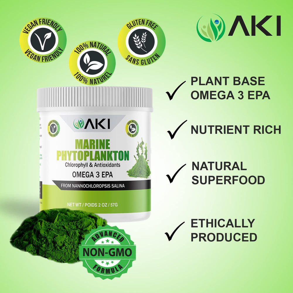 AKI Organic Marine Phytoplankton Powder jar emphasizing preserved nutrients