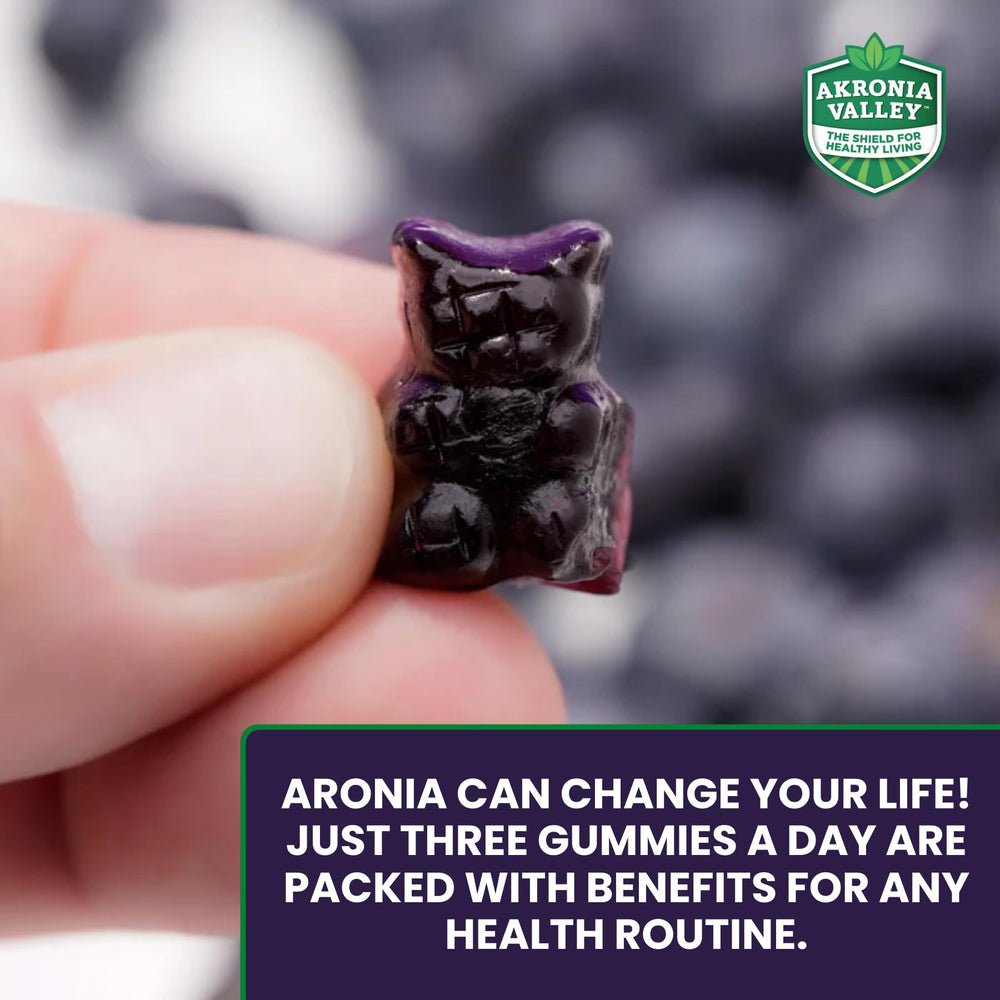 Close-up of Akronia Valley Aronia Berry Gummies with dark, glossy chews