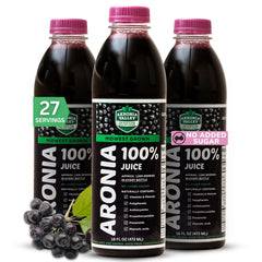 Akronia Valley Aronia juice bottle showing 100% pure aronia with antioxidant-rich profile.