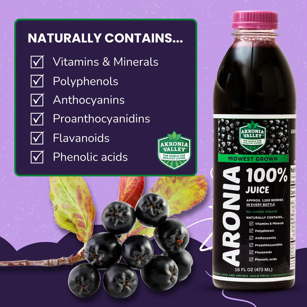 Pour of Akronia Valley Aronia juice ready to mix into a drink.