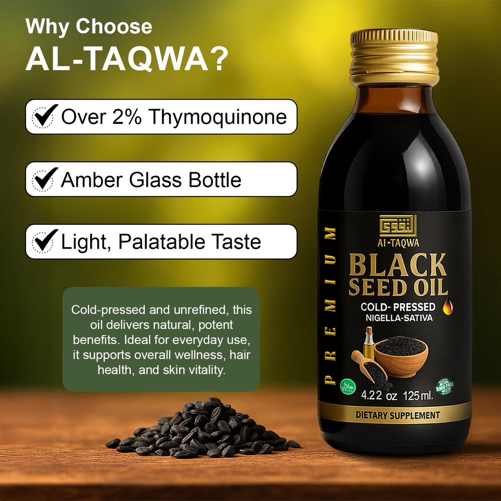 AL-TAQWA black seed oil in bottle with glass background, natural wellness