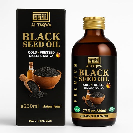 AL-TAQWA Black Seed Oil in amber bottle preserves potency for daily skincare.
