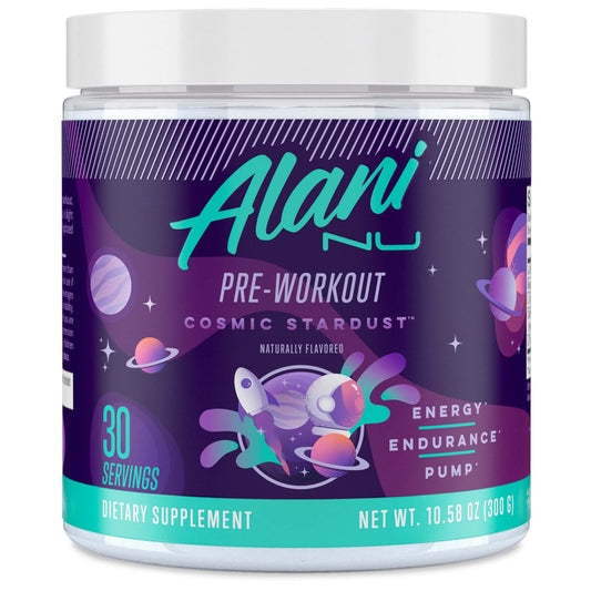 Alani Nu Cosmic Stardust pre-workout powder being dispensed for a quick energy boost
