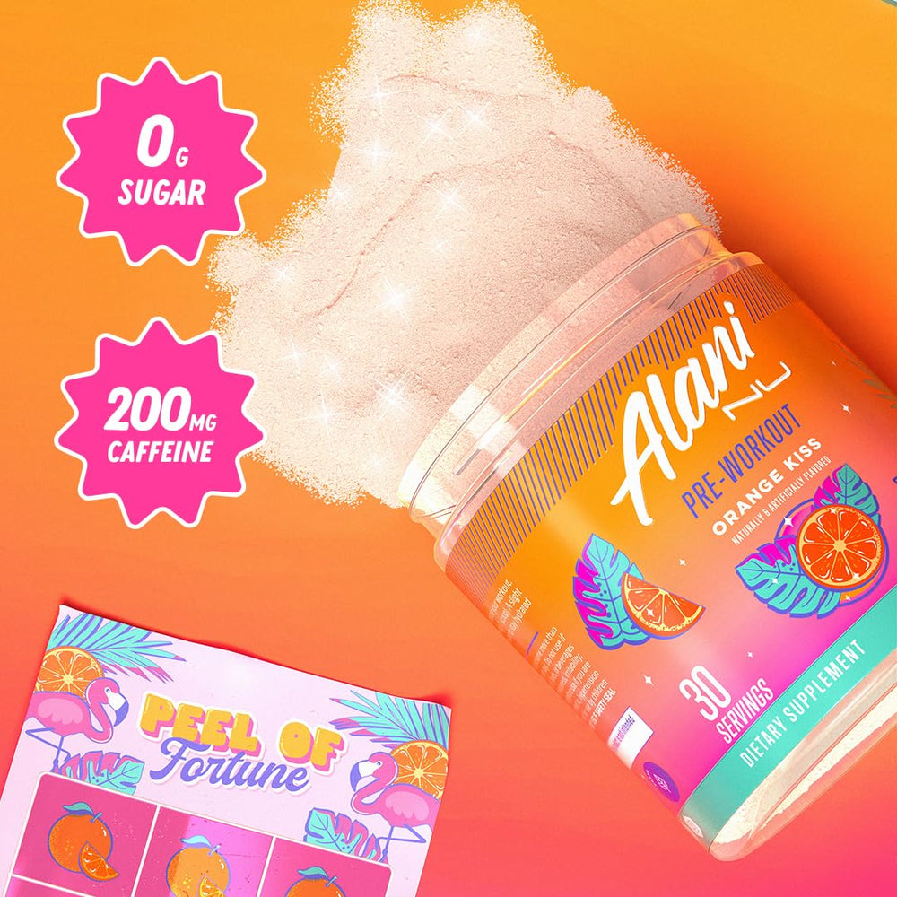 Alani Nu Orange Kiss ingredient label highlights caffeine and amino acids.