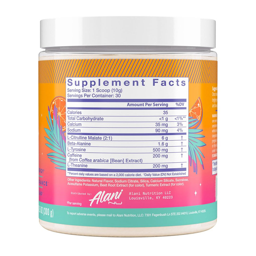 Scoop from Alani Nu Orange Kiss showing precise serving for pre-workout dosing.