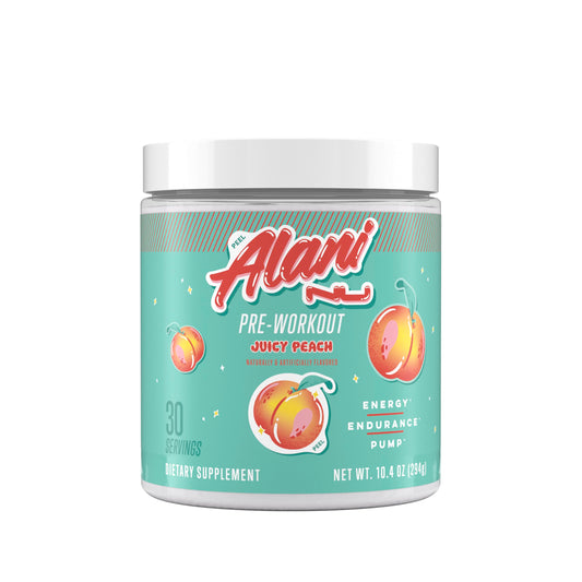 Alani Nu Pre-Workout Juicy Peach jar front for a clean energy boost.