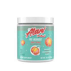 Alani Nu Pre-Workout Juicy Peach jar front for a clean energy boost.