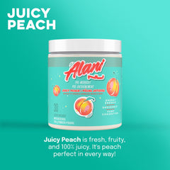 Alani Nu Pre-Workout Juicy Peach mixed in glass shows sugar-free formula.