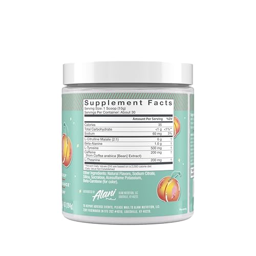 Alani Nu Pre-Workout Juicy Peach scoop ready to mix for steady energy.
