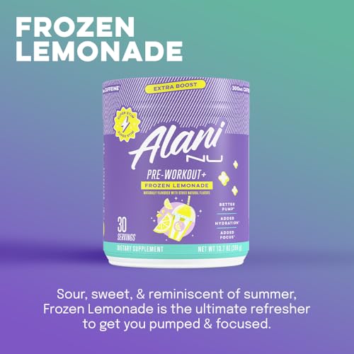 Alani Nu Pre Workout+ glass with lemonade-colored drink boosts focus